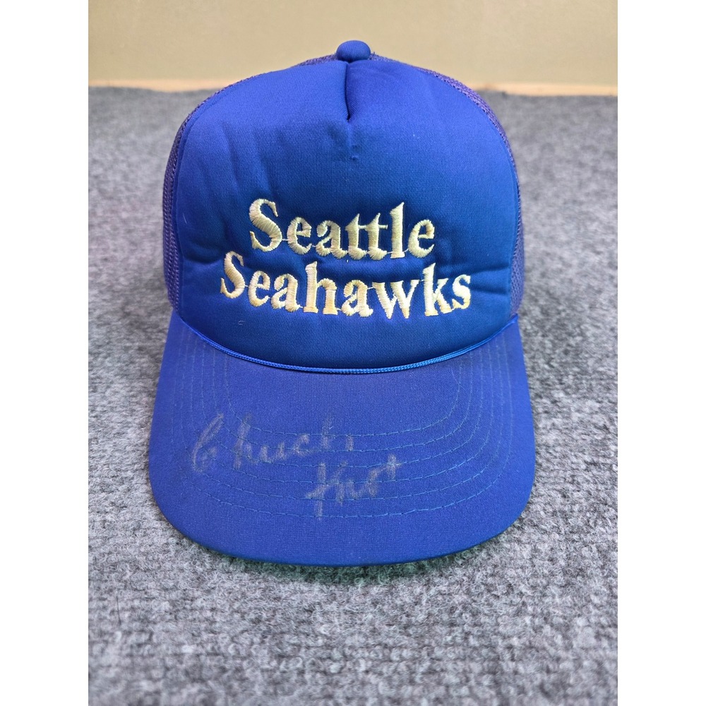 Vintage Seattle Seahawks Chuck Knox Autograph Hat Mens Blue Snapback Mesh Cap